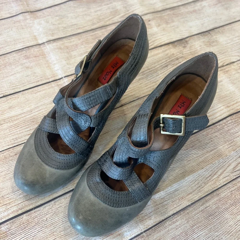 Miz Mooz Grey Leather Mary‎ Jane Pumps Strappy Cone Heels Womens 7.5